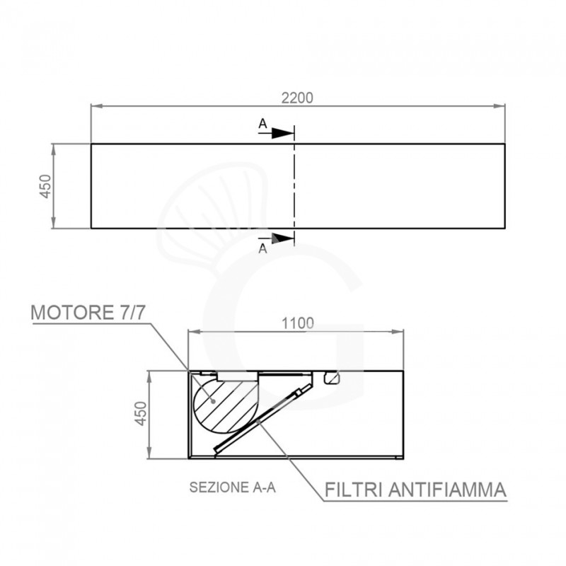 Cappa Kubica a parete con motore L2200xP1100xH450mm