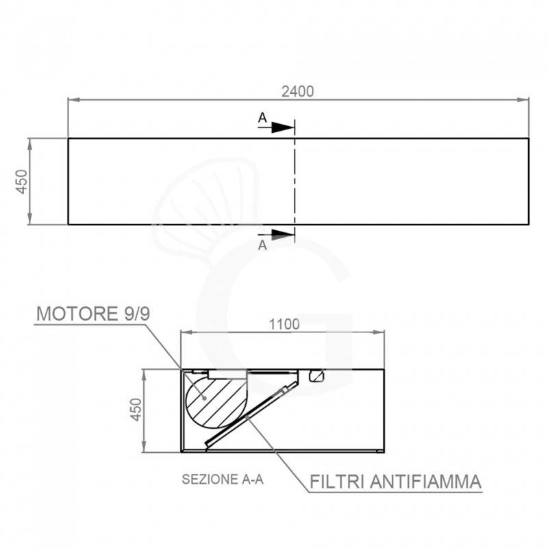 Cappa Kubica a parete con motore L2400xP1100xH450mm