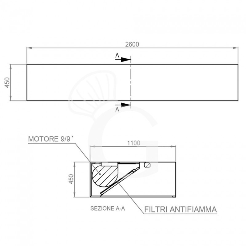 Cappa Kubica a parete con motore L2600xP1100xH450mm