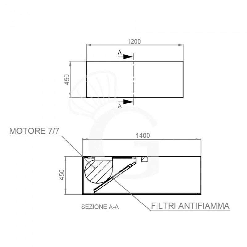 Cappa Kubica a parete con motore L1200xP1400xH450mm
