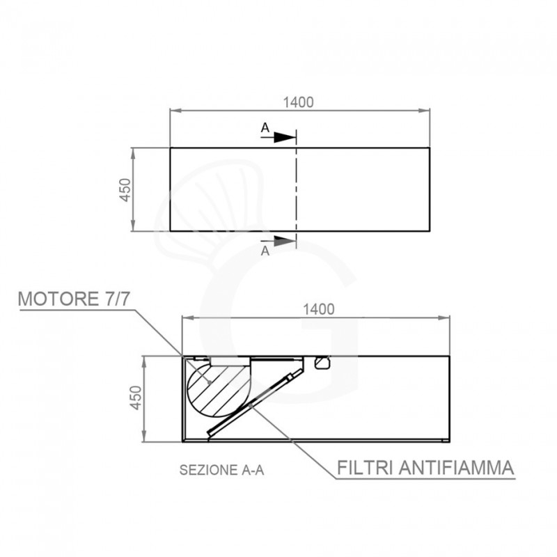 Cappa Kubica a parete con motore L1400xP1400xH450mm
