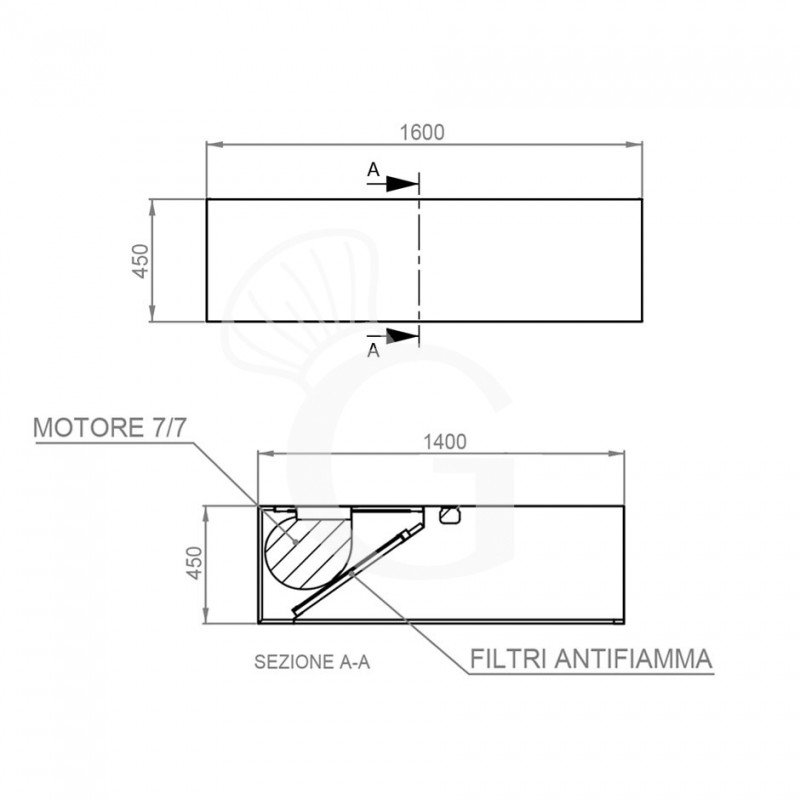 Cappa Kubica a parete con motore L1600xP1400xH450mm
