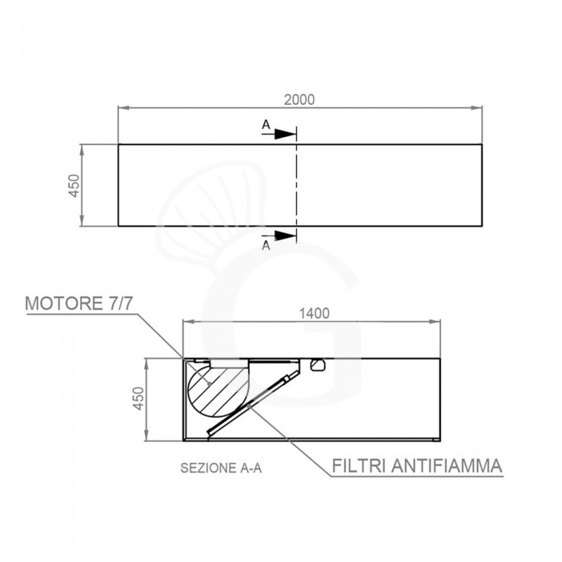 Cappa Kubica a parete con motore L2000xP1400xH450mm