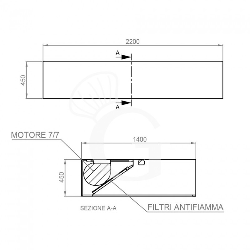 Cappa Kubica a parete con motore L2200xP1400xH450mm