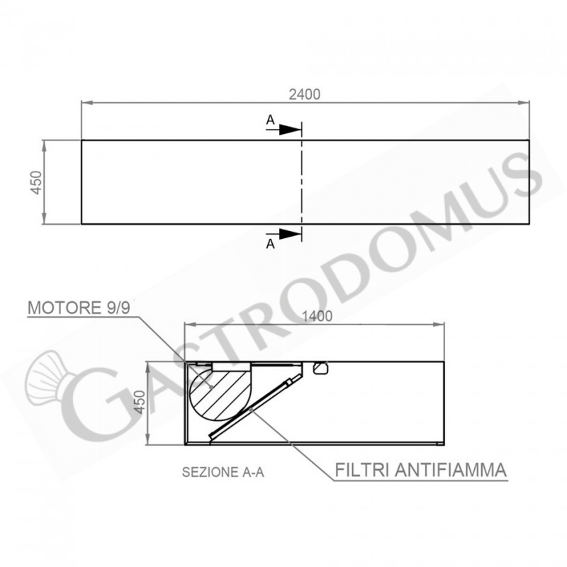 Cappa Kubica a parete con motore L2400xP1400xH450mm