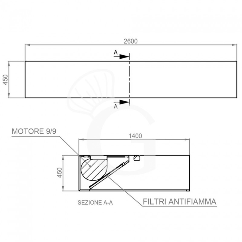 Cappa Kubica a parete con motore L2600xP1400xH450mm