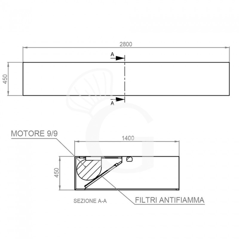 Cappa Kubica a parete con motore L2800xP1400xH450mm