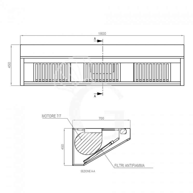 Cappa Snack a parete con motore L1800xP700xH450mm