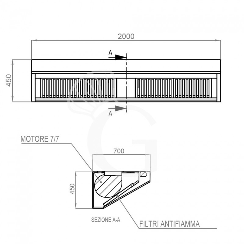 Cappa Snack a parete con motore L2000xP700xH450mm