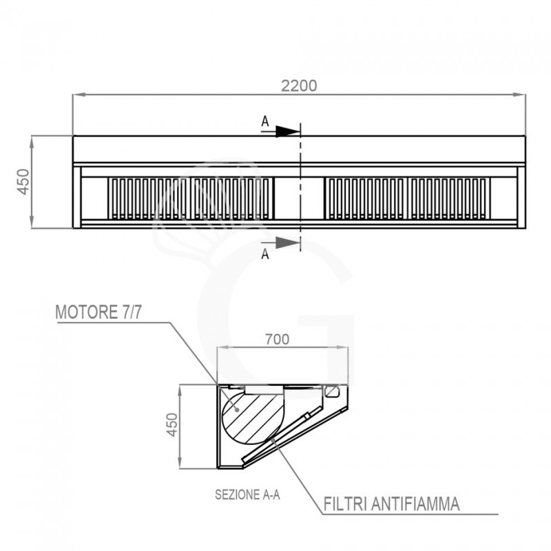 Cappa Snack a parete con motore L2200xP700xH450mm