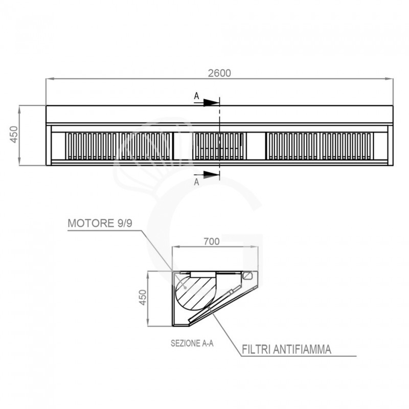 Cappa Snack a parete con motore L2600xP700xH450mm