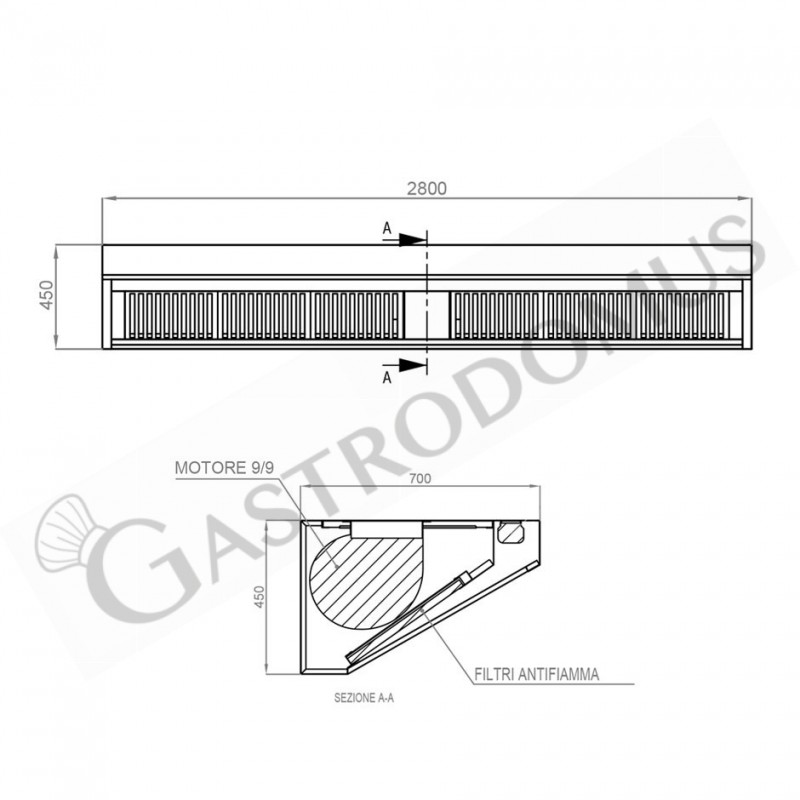 Cappa Snack a parete con motore L2800xP700xH450mm