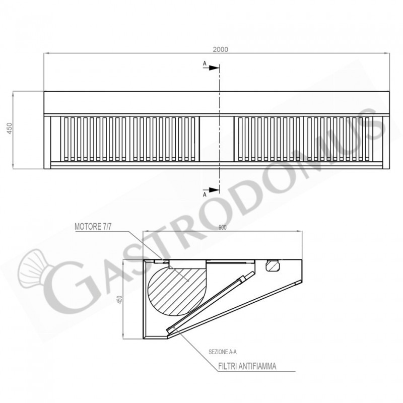 Cappa Snack a parete con motore L2000xP900xH450mm