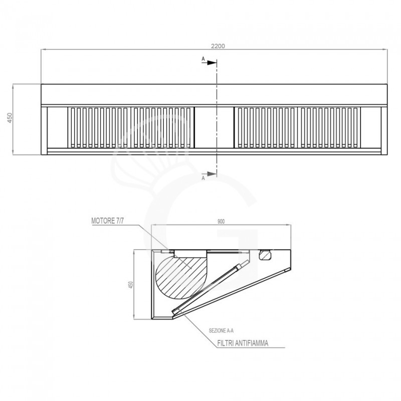 Cappa Snack a parete con motore L2200xP900xH450mm