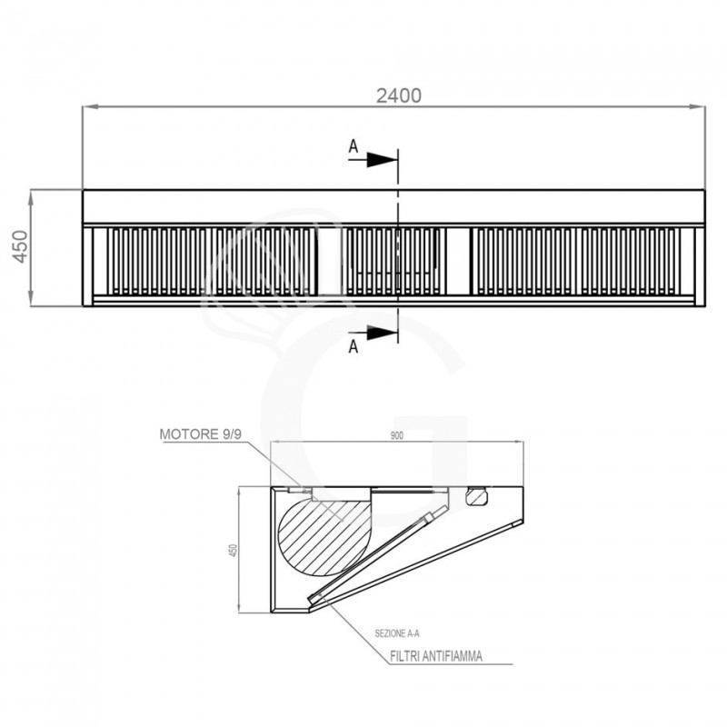 Cappa Snack a parete con motore L2400xP900xH450mm