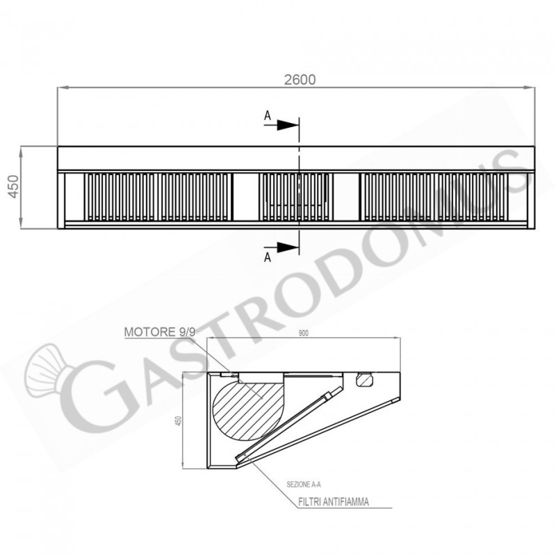 Cappa Snack a parete con motore L2600xP900xH450mm