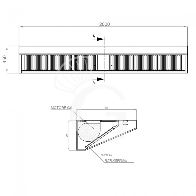 Cappa Snack a parete con motore L2800xP900xH450mm