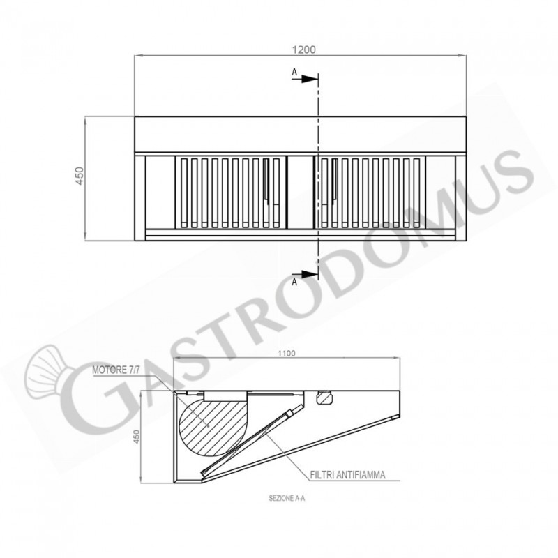 Cappa Snack a parete con motore L1200xP1100xH450mm