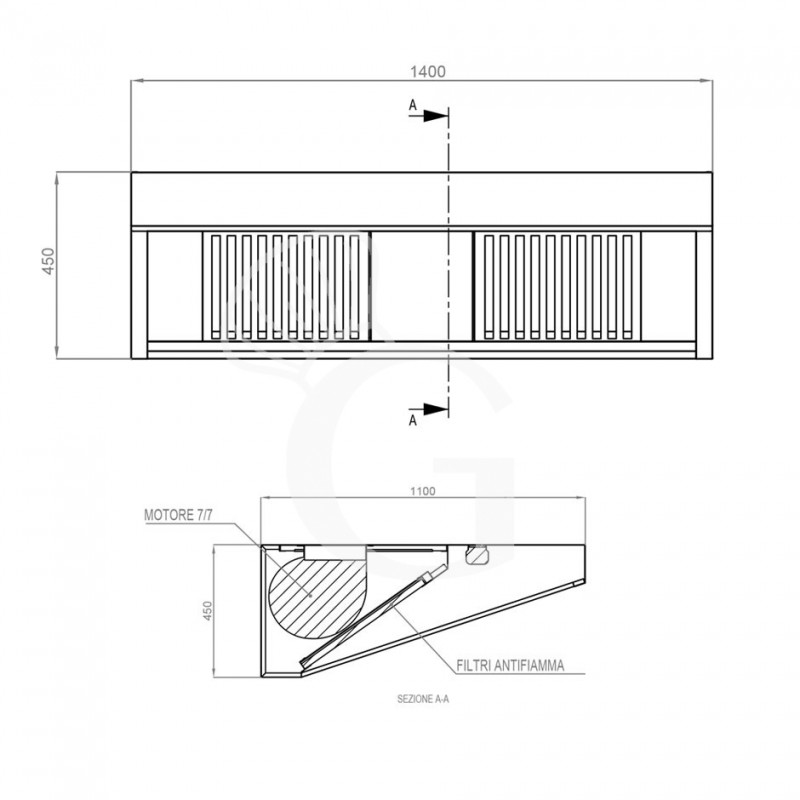 Cappa Snack a parete con motore L1400xP1100xH450mm