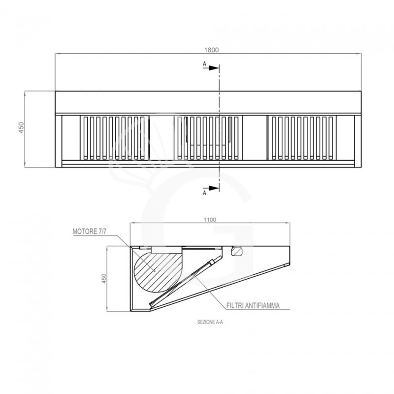 Cappa Snack a parete con motore L1800xP1100xH450mm