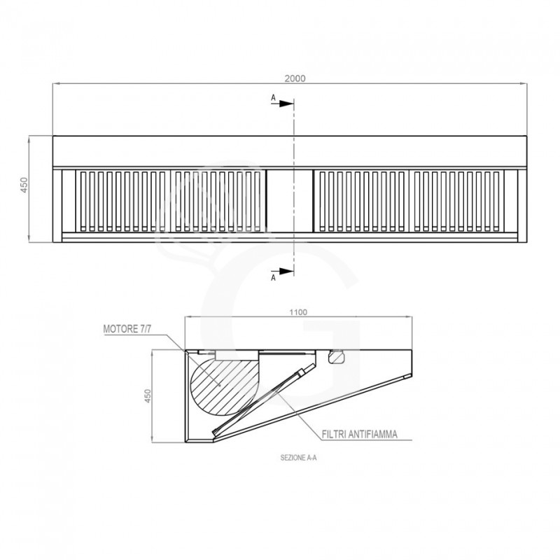 Cappa Snack a parete con motore L2000xP1100xH450mm