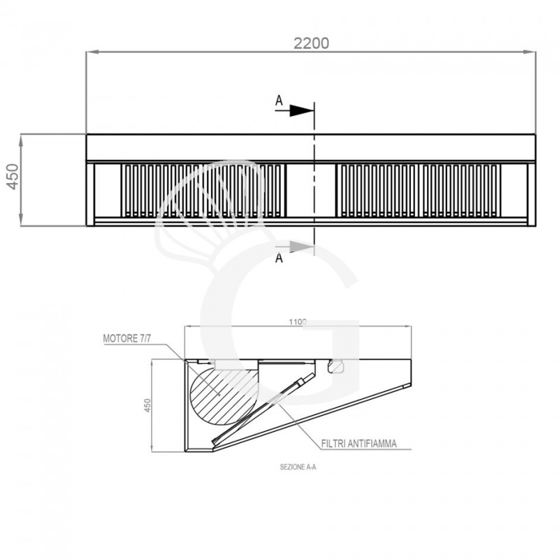 Cappa Snack a parete con motore L2200xP1100xH450mm