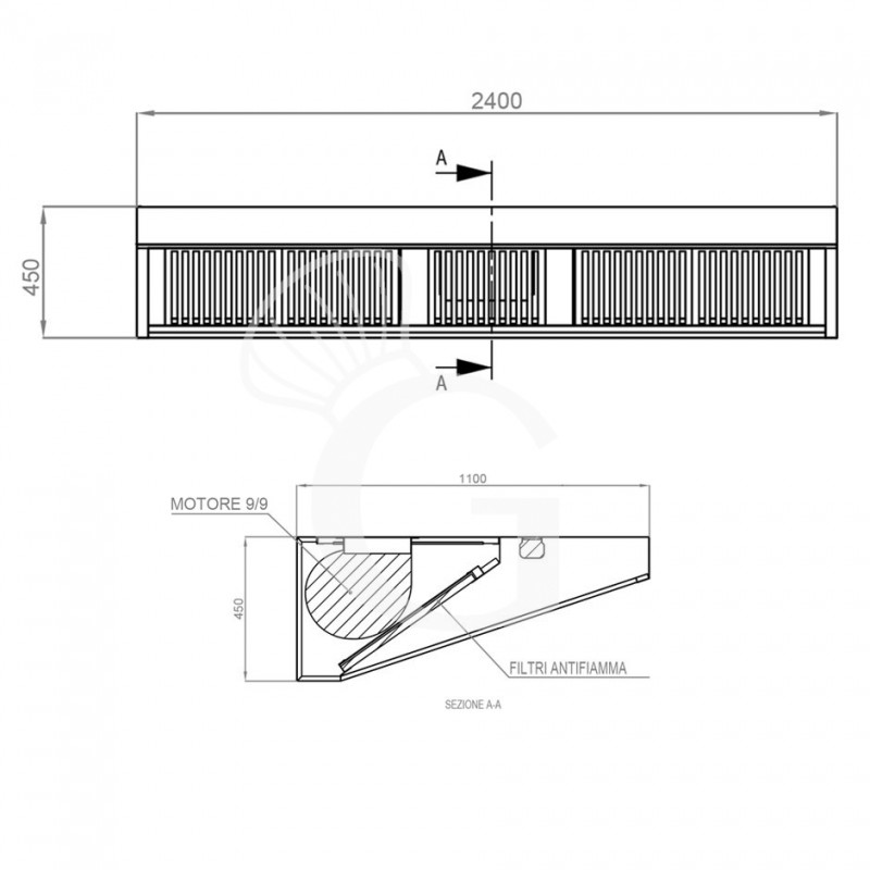 Cappa Snack a parete con motore L2400xP1100xH450mm