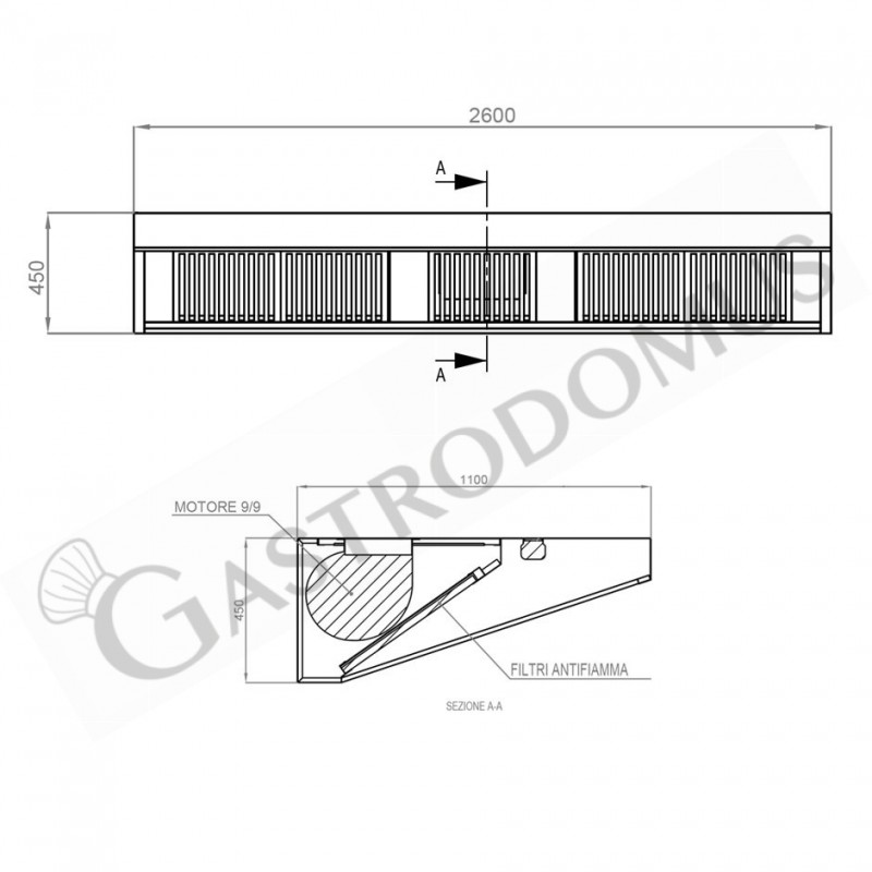 Cappa Snack a parete con motore L2600xP1100xH450mm