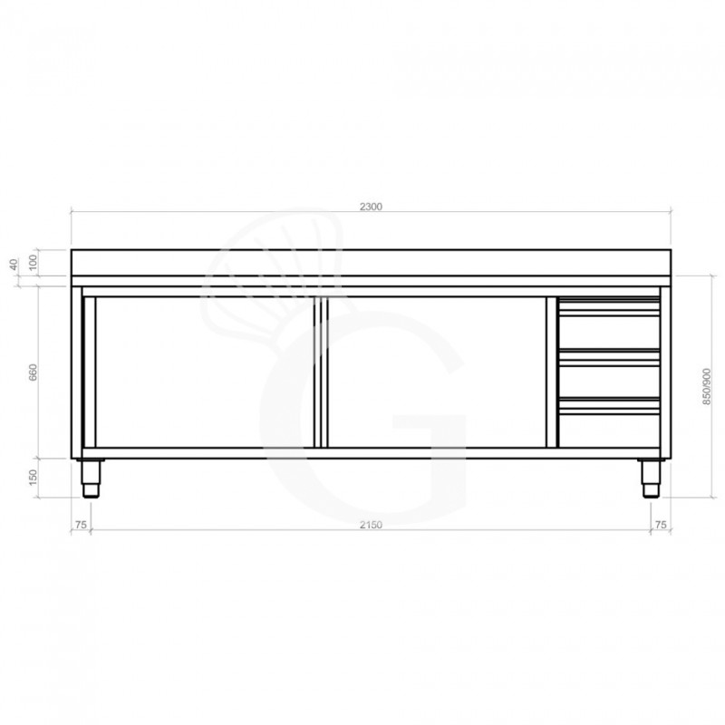 Tavolo armadiato,2 porte scorrevoli,3 cassetti a destra, alzatina, L2300 x P600 x H950mm