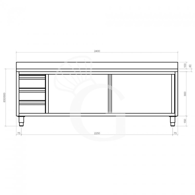 Tavolo armadiato,2 porte scorrevoli,3 cassetti a sinistra, alzatina, L2400 x P600 x H950mm