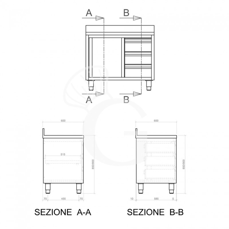 Tavolo armadiato,2 porte scorrevoli,3 cassetti a sinistra, alzatina, L2400 x P600 x H950mm
