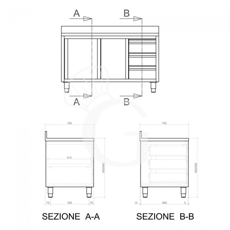 Tavolo armadiato,2 porte scorrevoli,3 cassetti a destra, alzatina, L2400 x P700 x H950mm