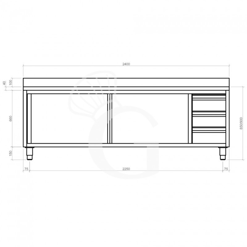 Tavolo armadiato,2 porte scorrevoli,3 cassetti a destra, alzatina, L2400 x P700 x H950mm