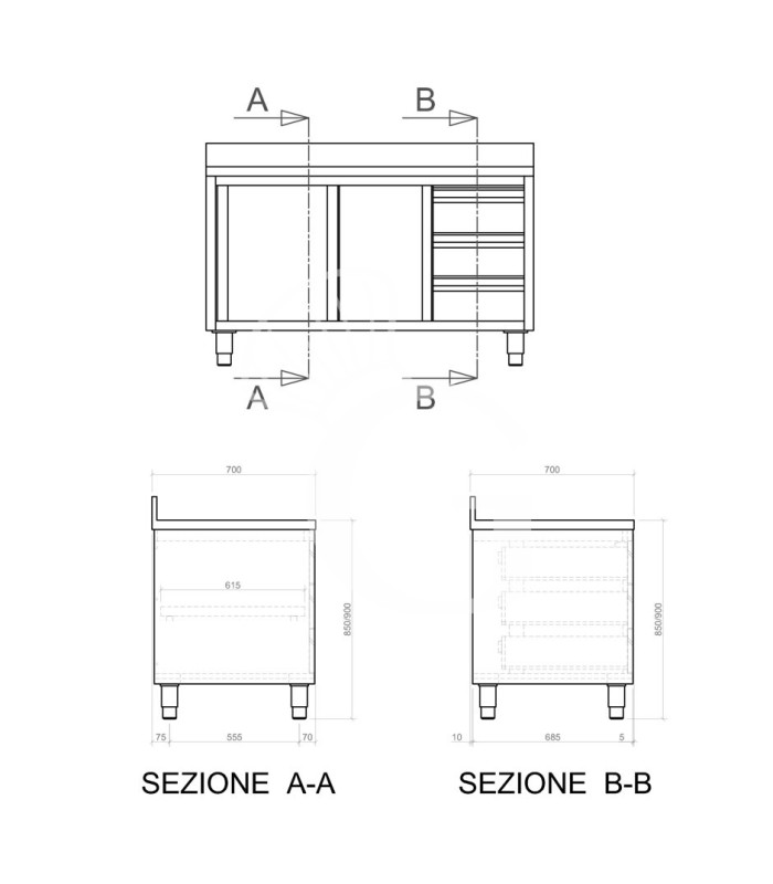 Tavolo armadiato,2 porte scorrevoli,3 cassetti a sinistra, alzatina, L2400 x P700 x H950mm
