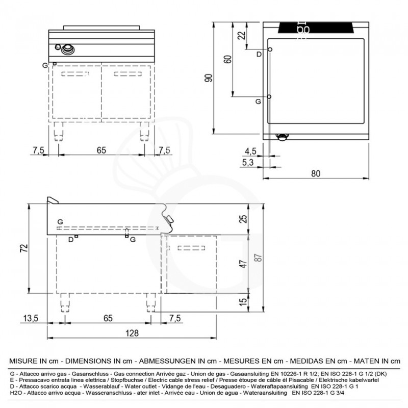 Bagnomaria a gas su armadio aperto predisposto per bacinelle GN h 150 mm L 800 mm x P 900 mm
