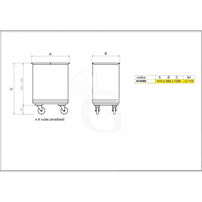 Tramoggia in acciaio inox satinato su ruote con separatore interno 115 LT