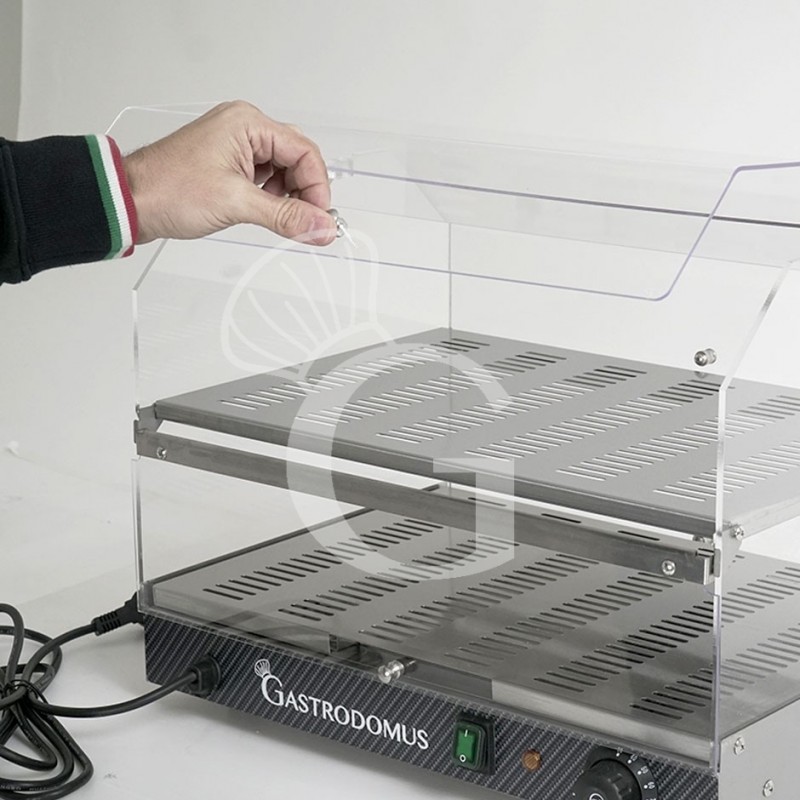 Particolare apertura portine Vetrina Riscaldata inox e plexiglass 3 piani +30°C/+90°C L 510 mm x P 350 mm x H 550 mm