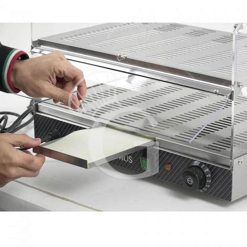Particolare cassetto raccogli briciole Vetrina Riscaldata inox e plexigass 2 piani +30°C/+90°C L 510 mm x P 350 mm x H 385 mm