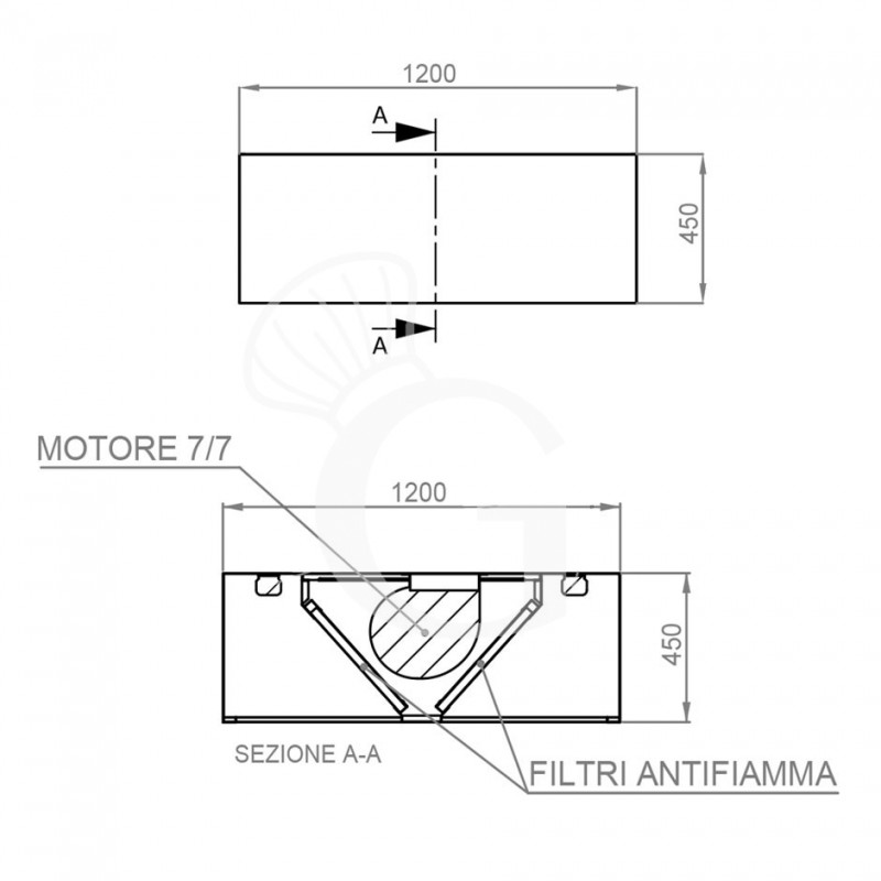 Cappa Kubica centrale con motore L1200xP1300xH450mm