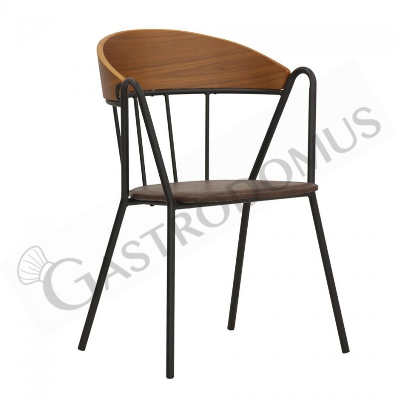 Sedia Maryland con struttura in metallo verniciato, schienale in legno e cuscino in ecopelle
