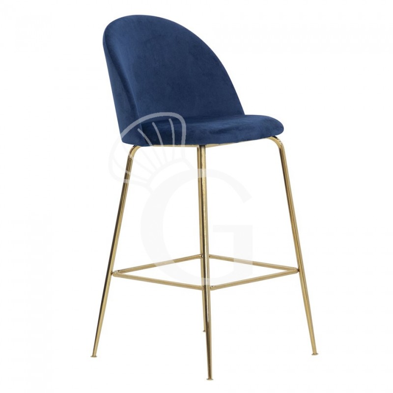 Sgabello Edward con struttura in metallo ottonato e rivestimento in velluto, colore blu