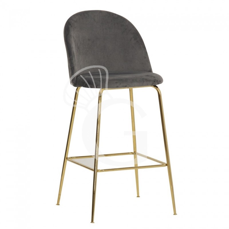 Sgabello Edward con struttura in metallo ottonato e rivestimento in velluto, colore grigio scuro
