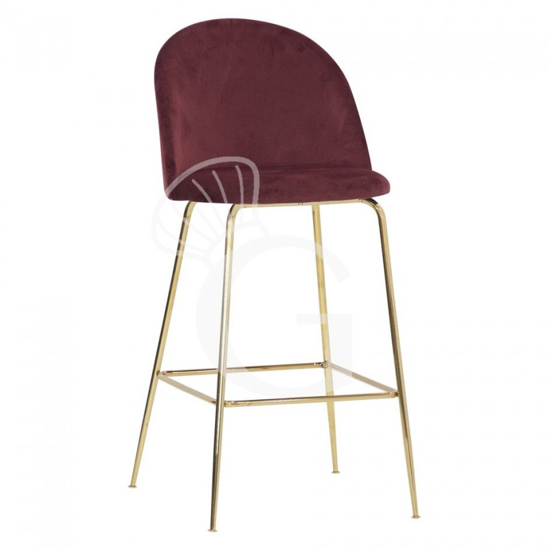 Sgabello Edward con struttura in metallo ottonato e rivestimento in velluto, colore rosso