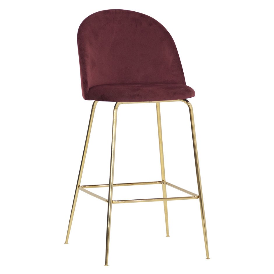 Sgabello Edward con struttura in metallo ottonato e rivestimento in velluto, colore rosso