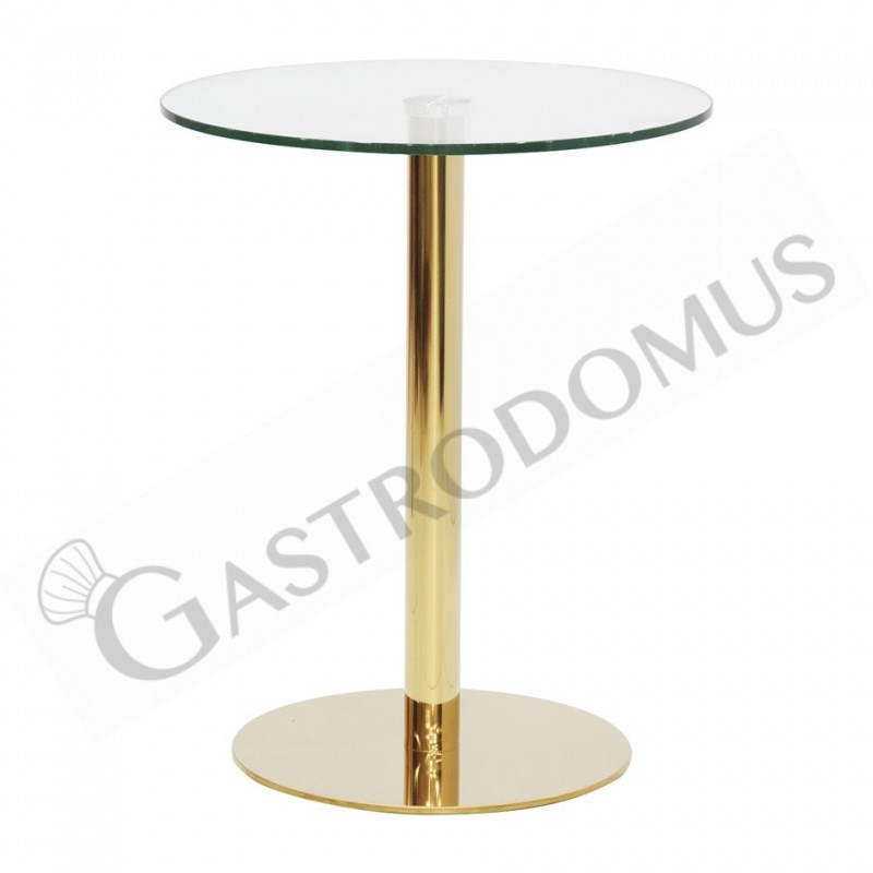 Tavolo in acciaio inox ottonato con piano in vetro temperato diametro 700 mm