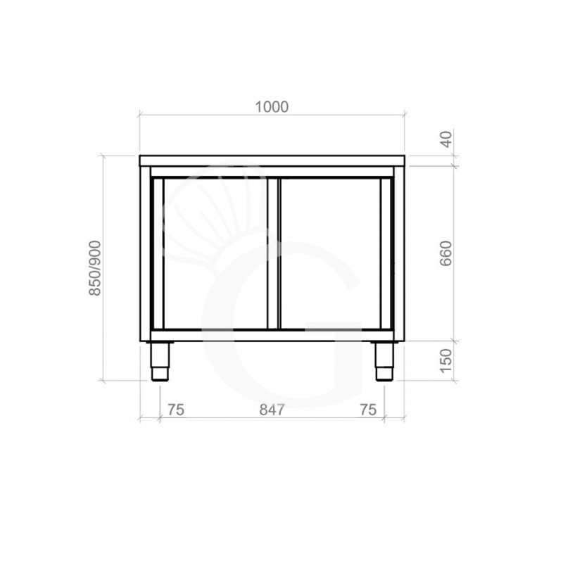 Tavolo armadiato passante in acciaio inox con porte scorrevoli, L 1000 mm x P 600 mm x H 850 mm
