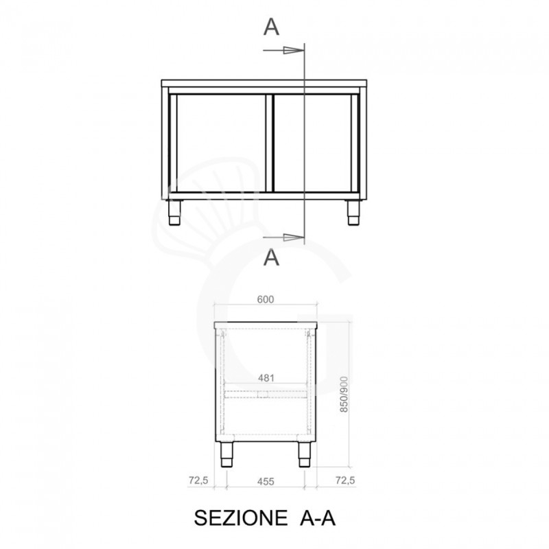 Tavolo armadiato passante in acciaio inox con porte scorrevoli, L 2000 mm x P 600 mm x H 850 mm