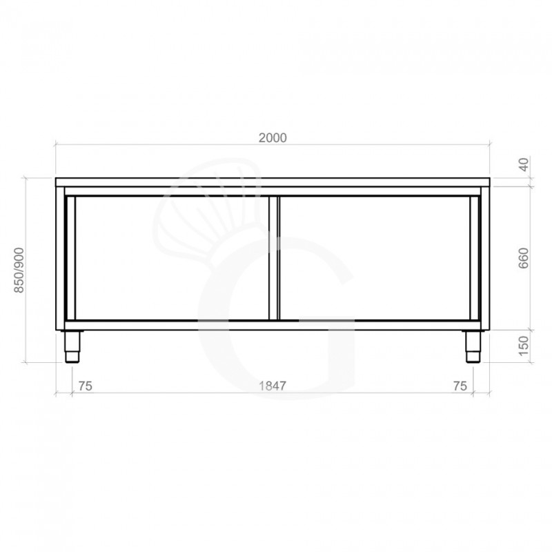 Tavolo armadiato passante in acciaio inox con porte scorrevoli, L 2000 mm x P 600 mm x H 850 mm