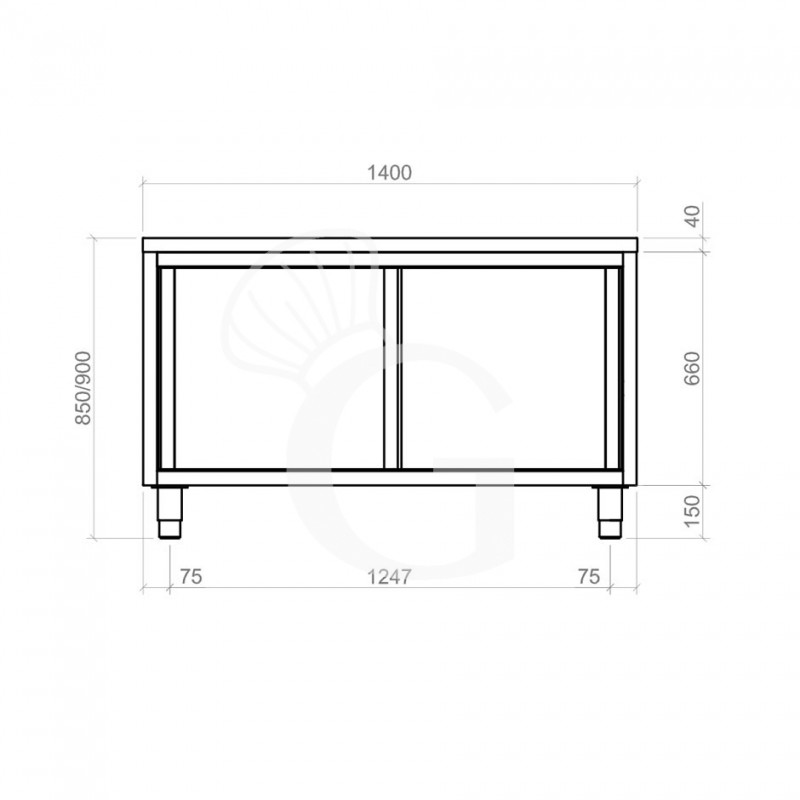 Tavolo armadiato passante in acciaio inox con porte scorrevoli, L 1400 mm x P 700 mm x H 850 mm