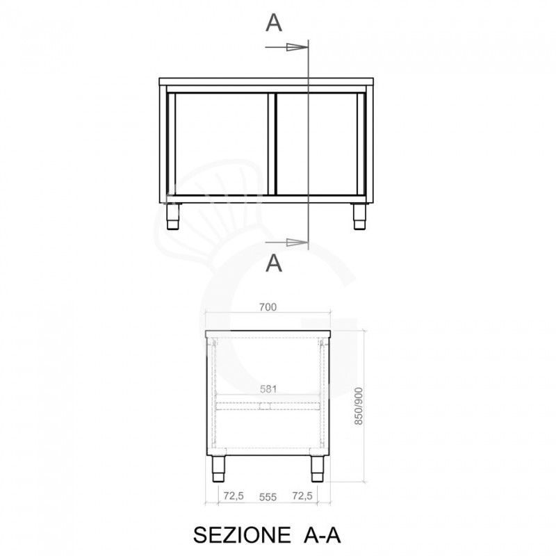 Tavolo armadiato passante in acciaio inox con porte scorrevoli, L 1400 mm x P 700 mm x H 850 mm